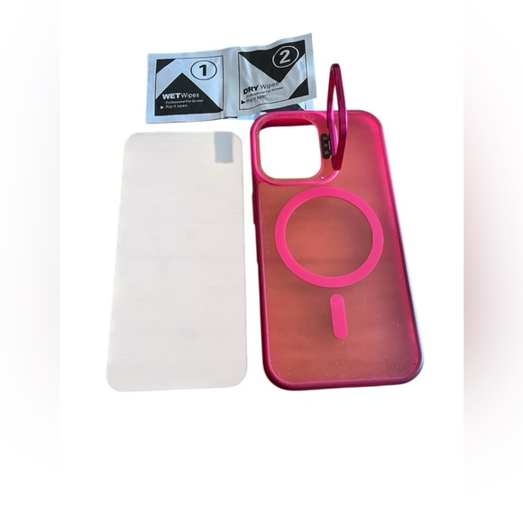 None Other - Pink IPhone 16 Wireless Charging Phone Case with Ring Stand & screen protector.